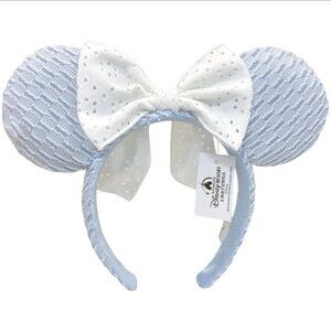 Disney Parks Blue Minnie Mouse Ears Headband White Lace Bow